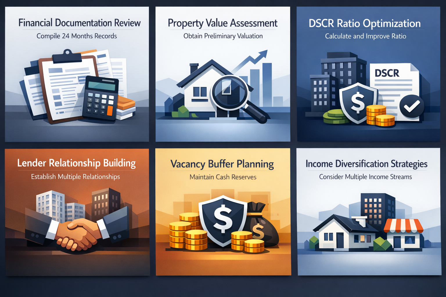 Visualizing critical pre-refinancing preparation steps for DSCR refinancing, including documentation review and lender relationships.