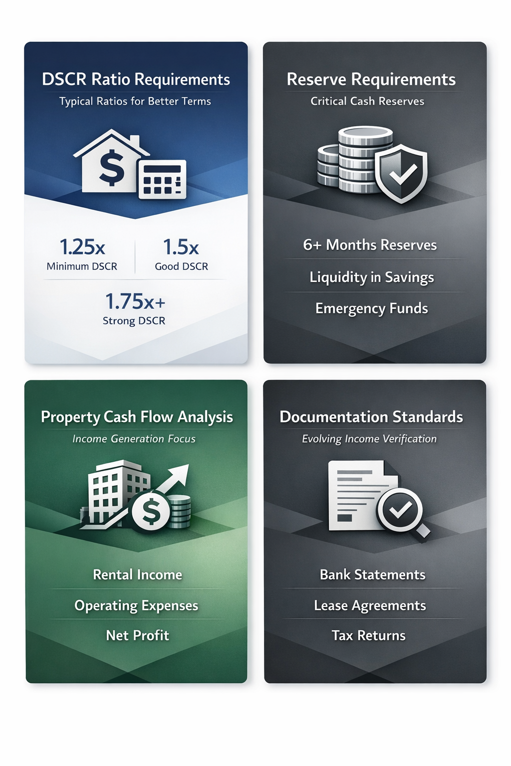Essential qualification criteria for rental financing including DSCR ratio, reserves, cash flow analysis, and documentation standards.