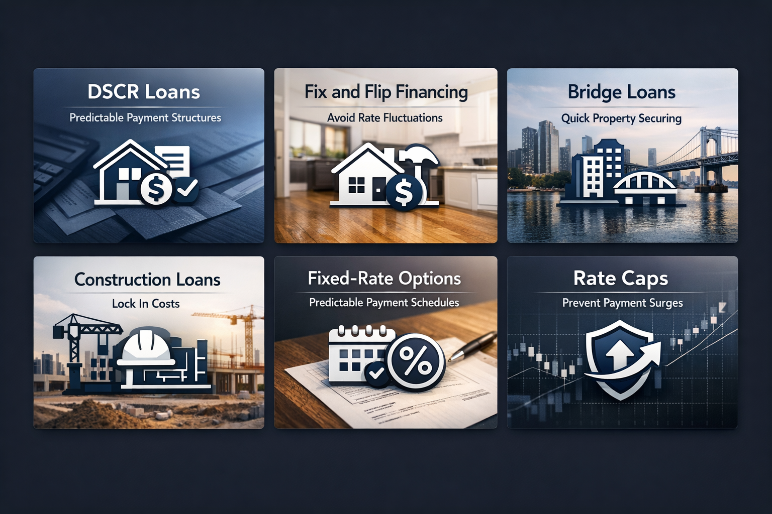 Infographic showing strategic financing options for protecting cash flow during rate swings including DSCR loans and bridge loans.