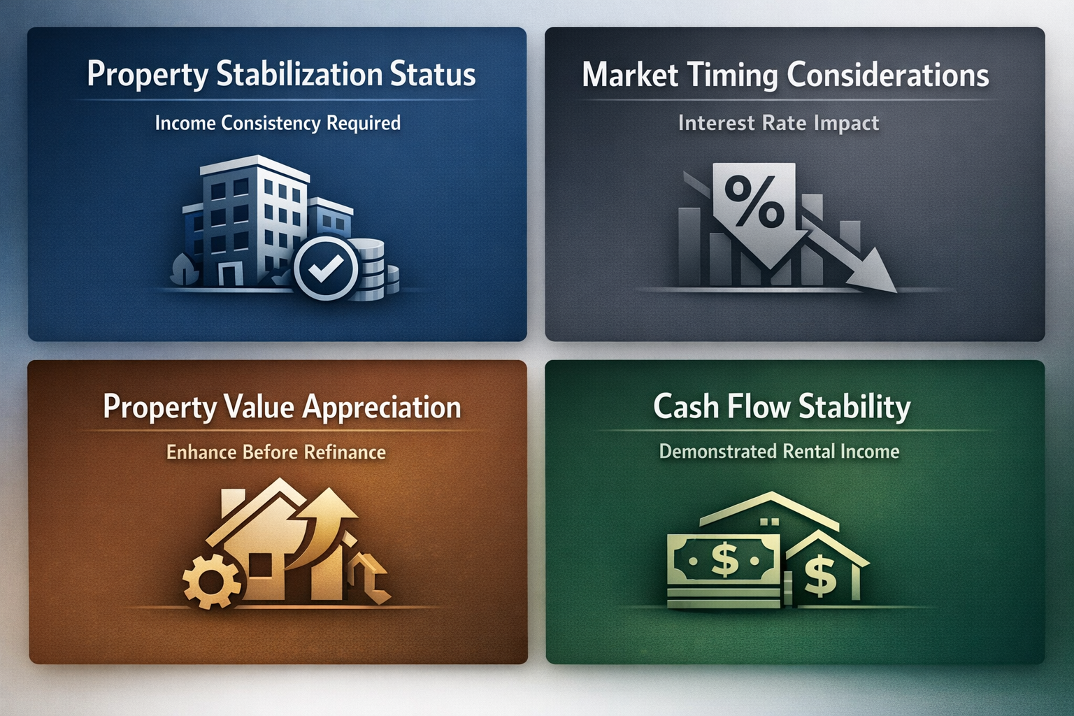 Infographic detailing key factors for optimal refinancing timing including property stabilization, market timing, value appreciation, and cash flow stability.
