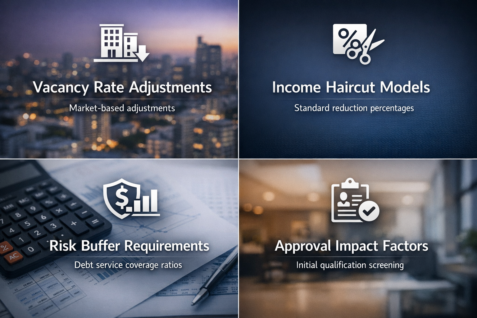 Infographic on vacancy rate adjustments, income haircut models, risk buffer requirements, and approval impact factors for loans.