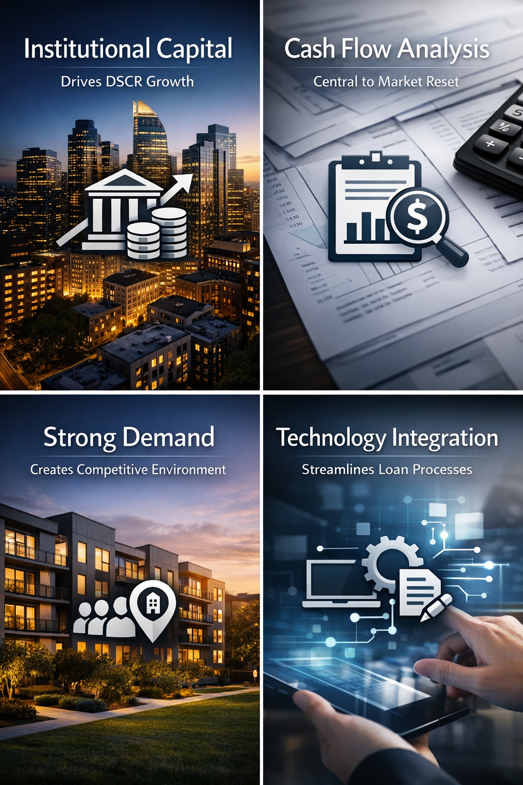 Infographic showing institutional capital, cash flow analysis, strong demand, and technology integration in real estate investing.