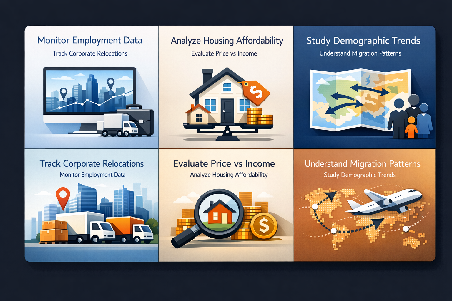 Infographic showing tips for tracking population movement patterns, including employment data, housing affordability, and demographic trends.