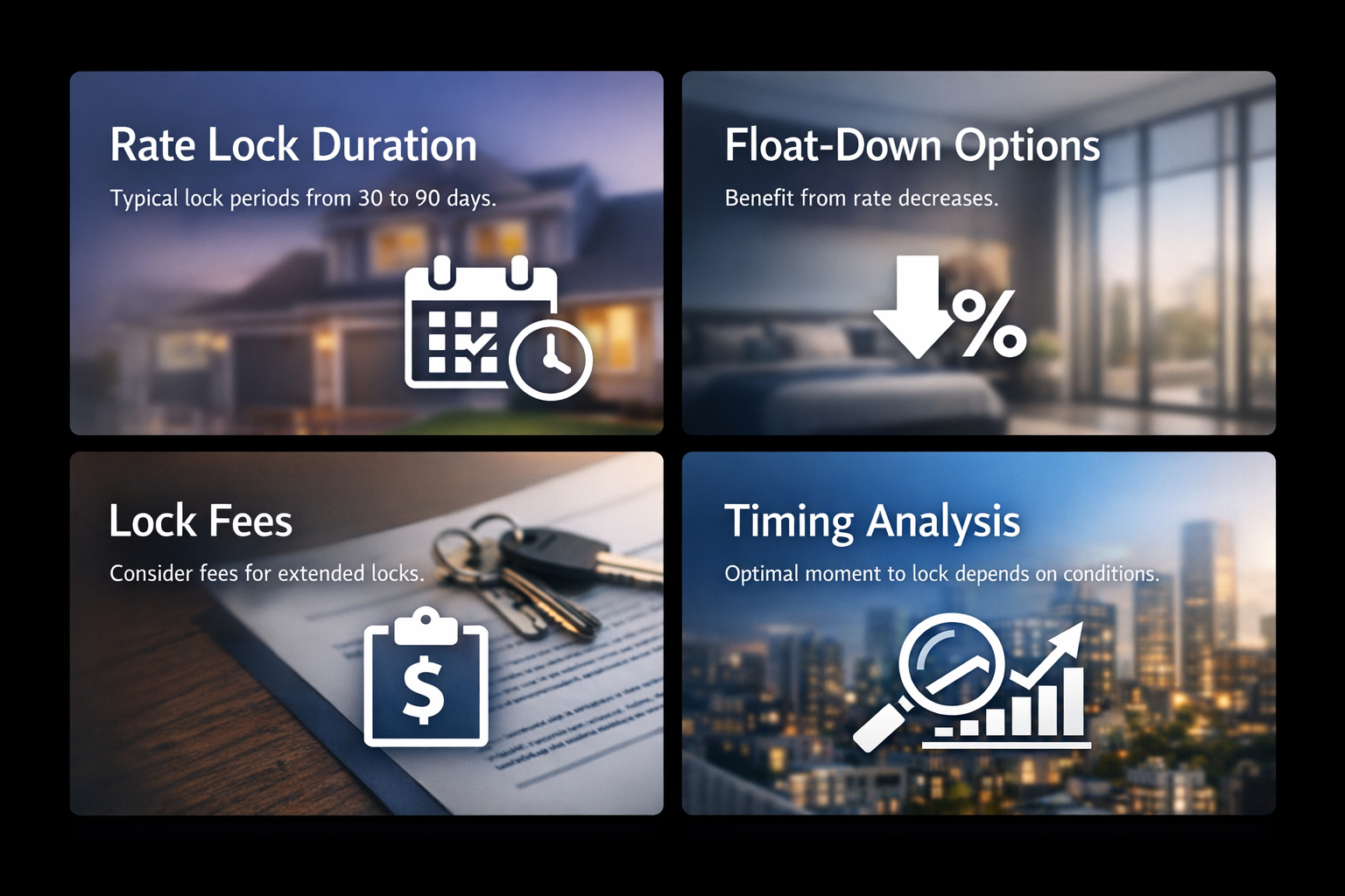 Infographic detailing essential rate lock components for investment properties including duration, float-down options, fees, and timing analysis.