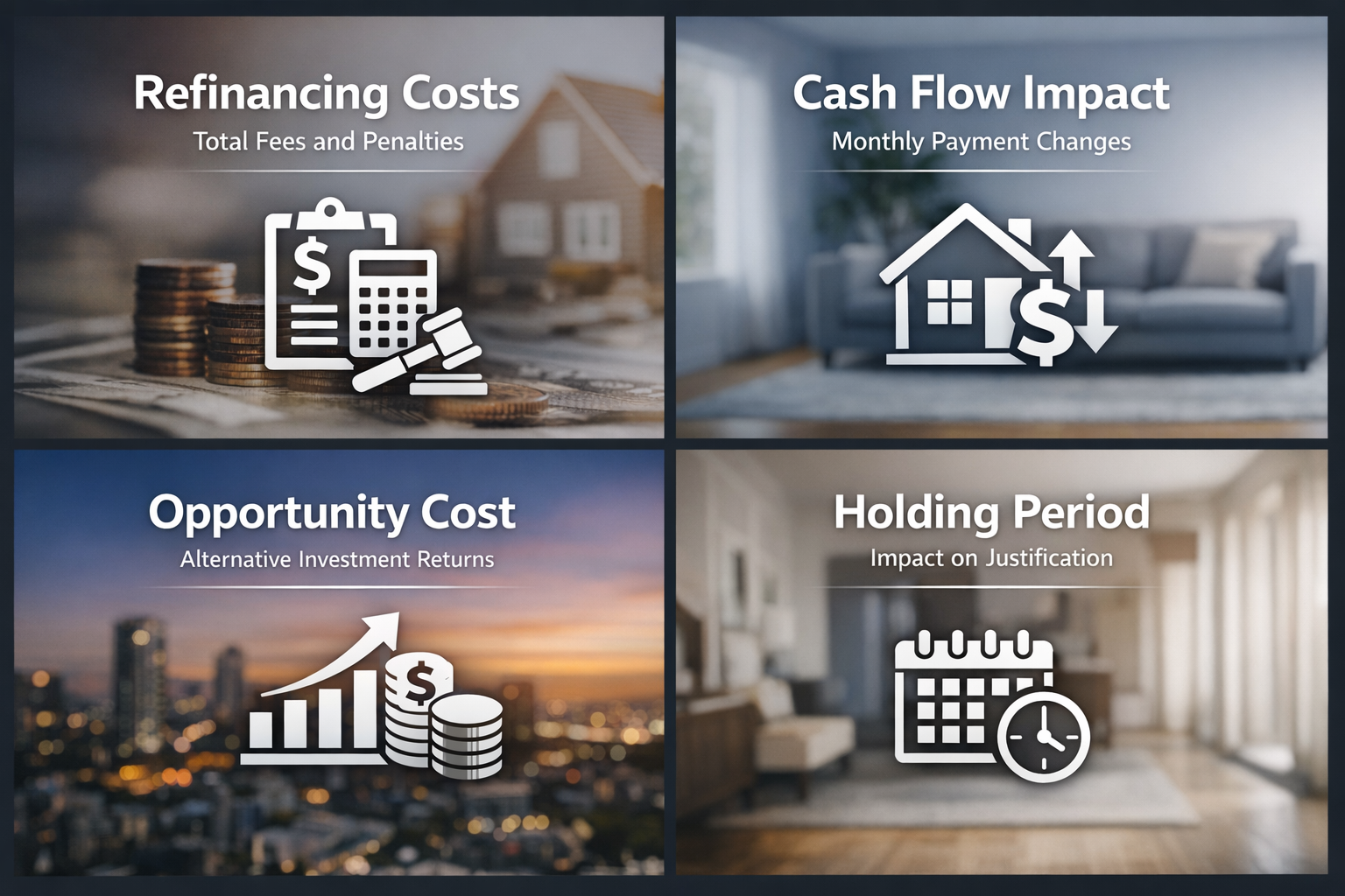 Infographic on break-even calculation methods for refinancing, covering costs, cash flow, opportunity costs, and holding period impact.