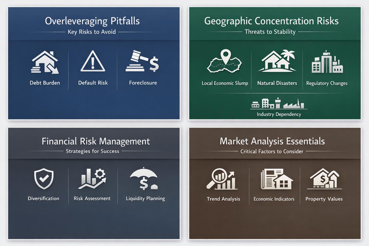 Visual representation of overleveraging pitfalls and geographic concentration risks for real estate investors in 2026.