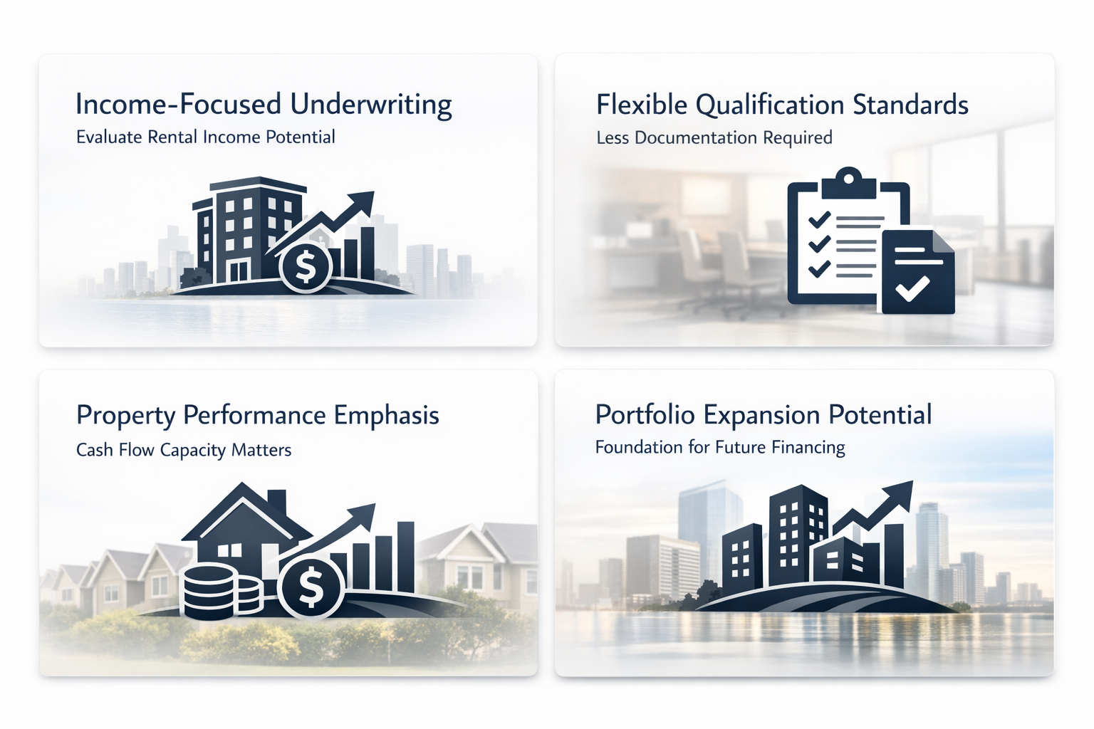 Infographic detailing essential DSCR loan basics for first-time investors, covering underwriting, qualification, performance, and expansion.