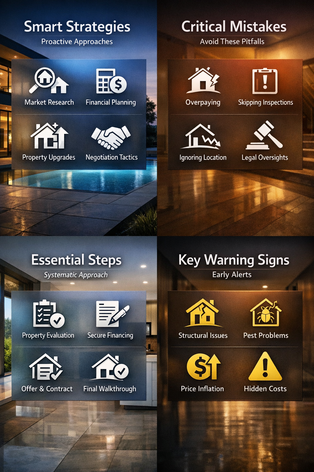 Infographic showcasing smart strategies, critical mistakes, essential steps, and warning signs for property insurance management.