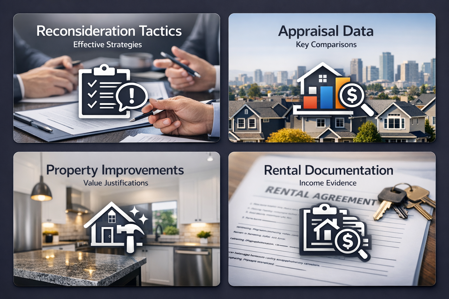 Visual representation of reconsideration tactics for appraisals, including strategies, data comparisons, property improvements, and rental documentation.