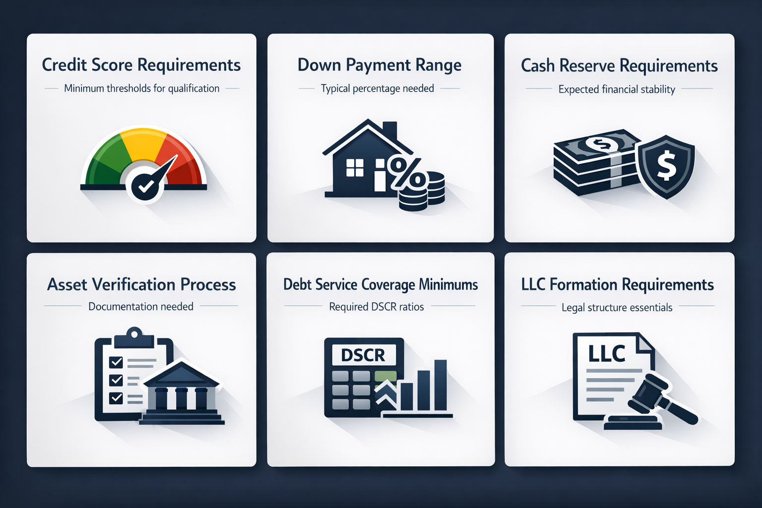 Visual guide on qualifying LLC for DSCR loans with steps on credit, structure, documentation, cash flow, and down payment.