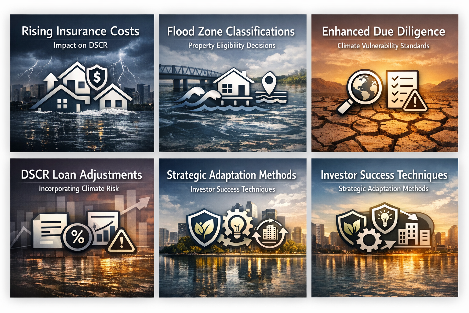 Infographic showing rising insurance costs, flood zone classifications, due diligence standards, DSCR loan adjustments, and strategic adaptation methods.