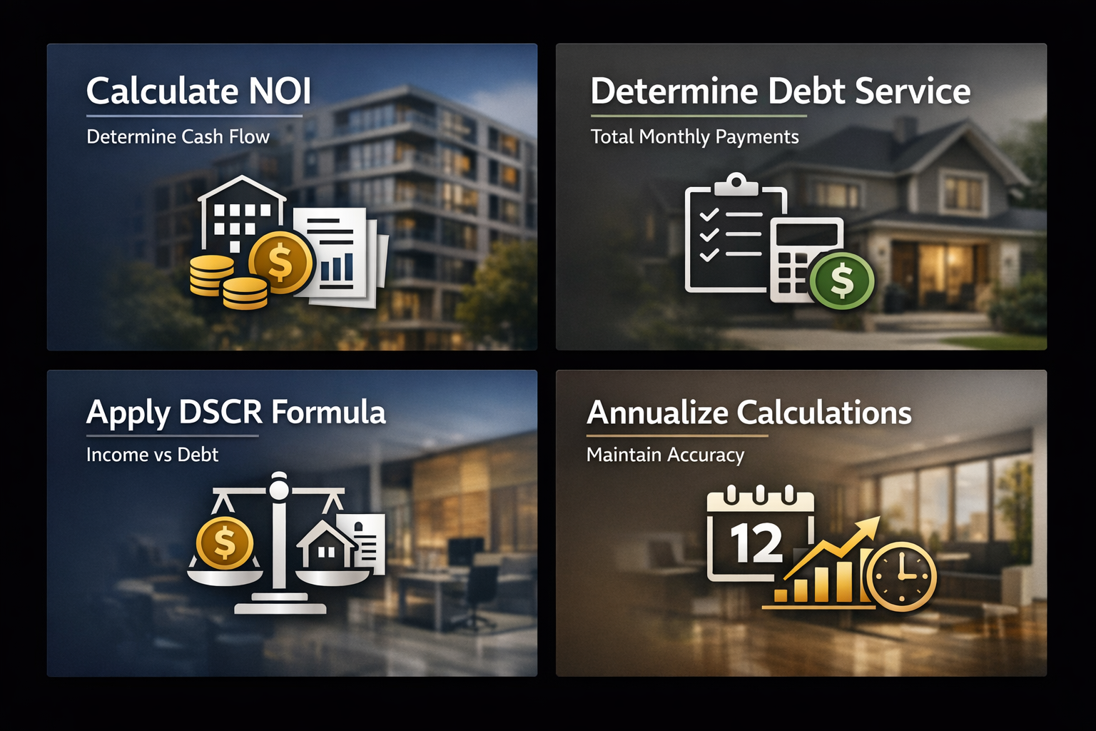 Infographic showing steps to calculate DSCR for rental properties including NOI, debt service, formula application, and annualization.