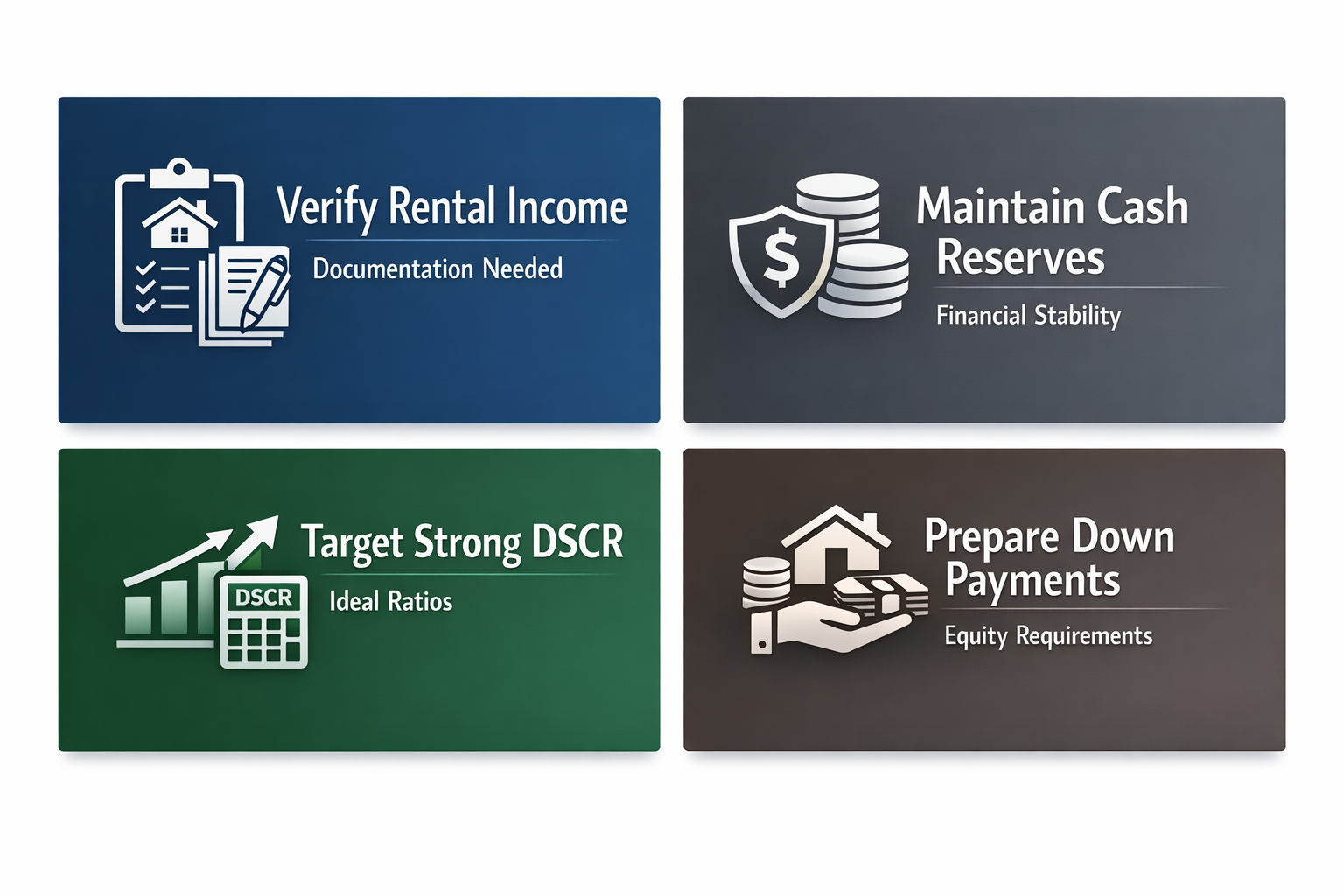 Infographic detailing strategies for DSCR fourplex financing including rental income verification and cash reserves.