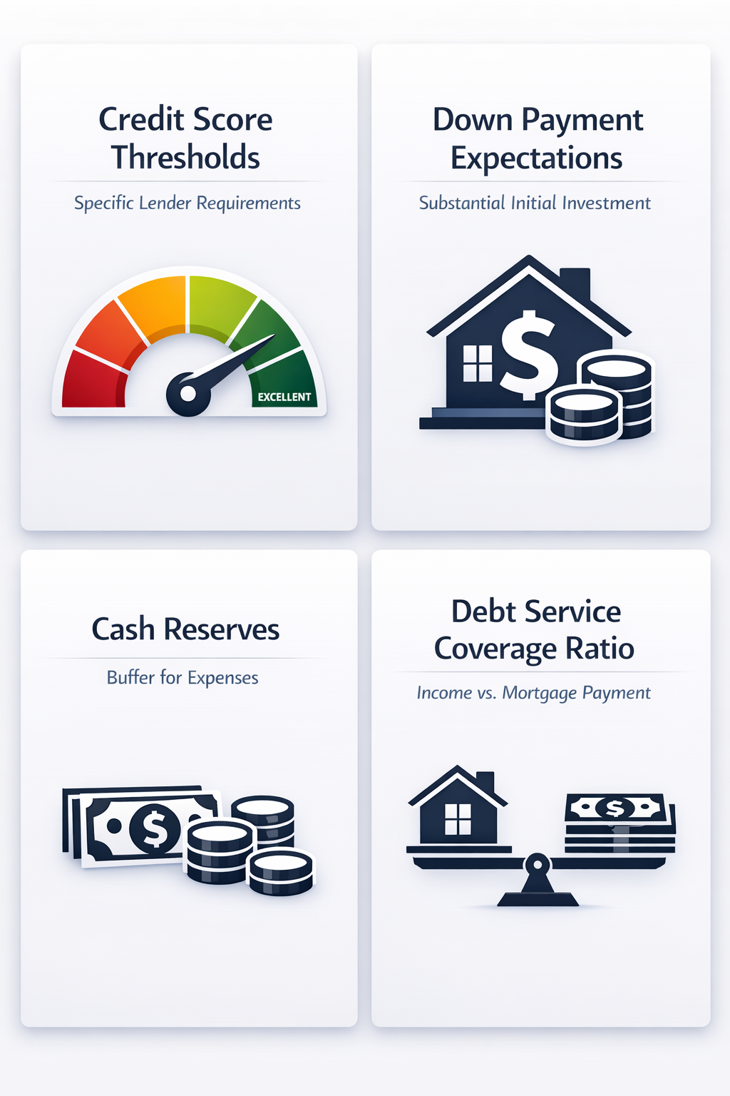 Visual representation of essential financial requirements for DSCR loans including credit score, down payment, cash reserves, and debt coverage.
