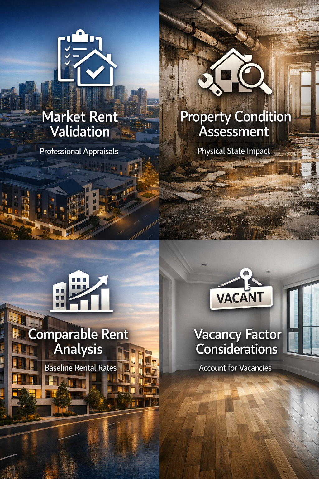 Infographic showing key components for DSCR evaluation including market rent validation and property condition assessment.