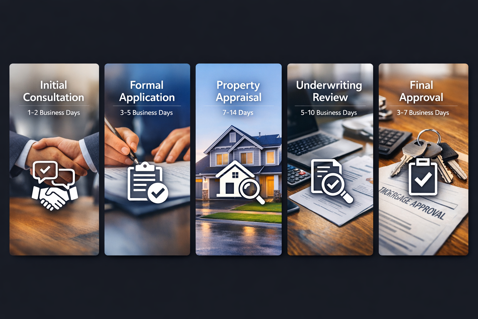 Visual guide to the 5 critical approval stages in a DSCR loan process with timing expectations for each stage.