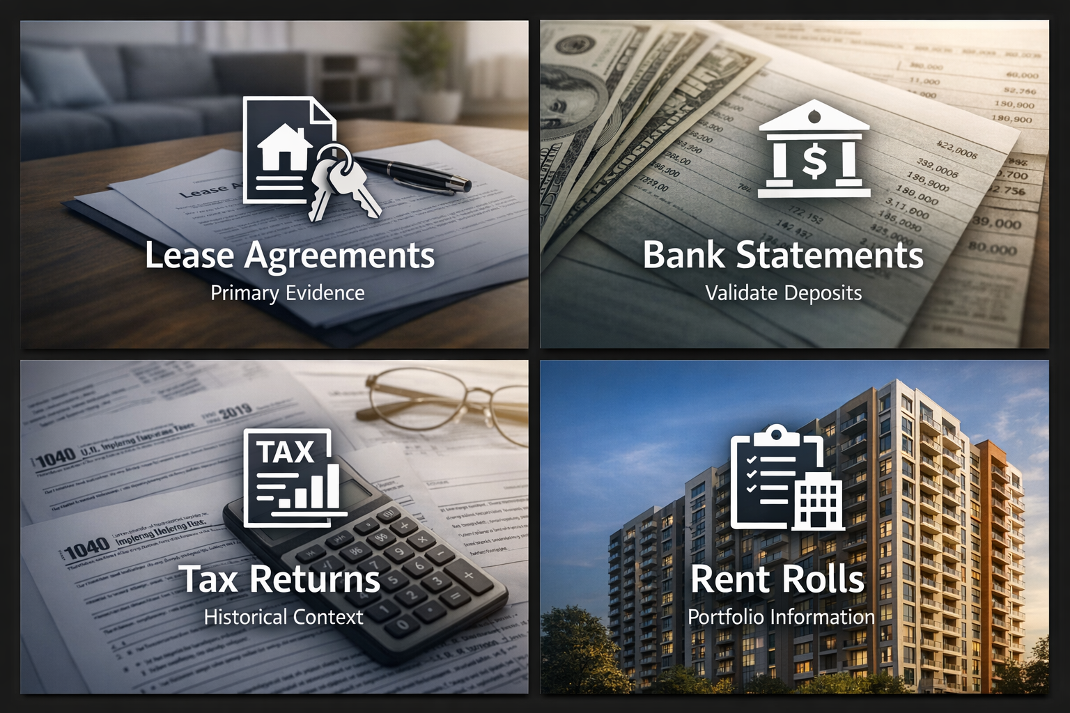 Infographic showing essential documentation for verifying rental income: lease agreements, bank statements, tax returns, and rent rolls.