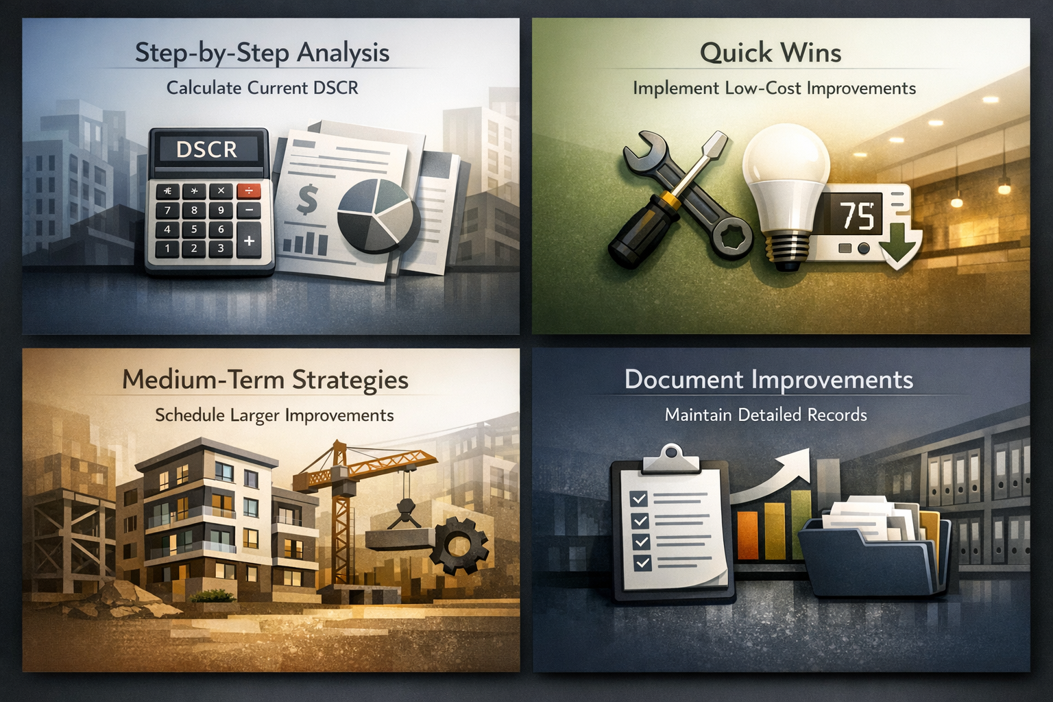 Step-by-step DSCR improvement plan with analysis, quick wins, medium-term strategies, and documentation.