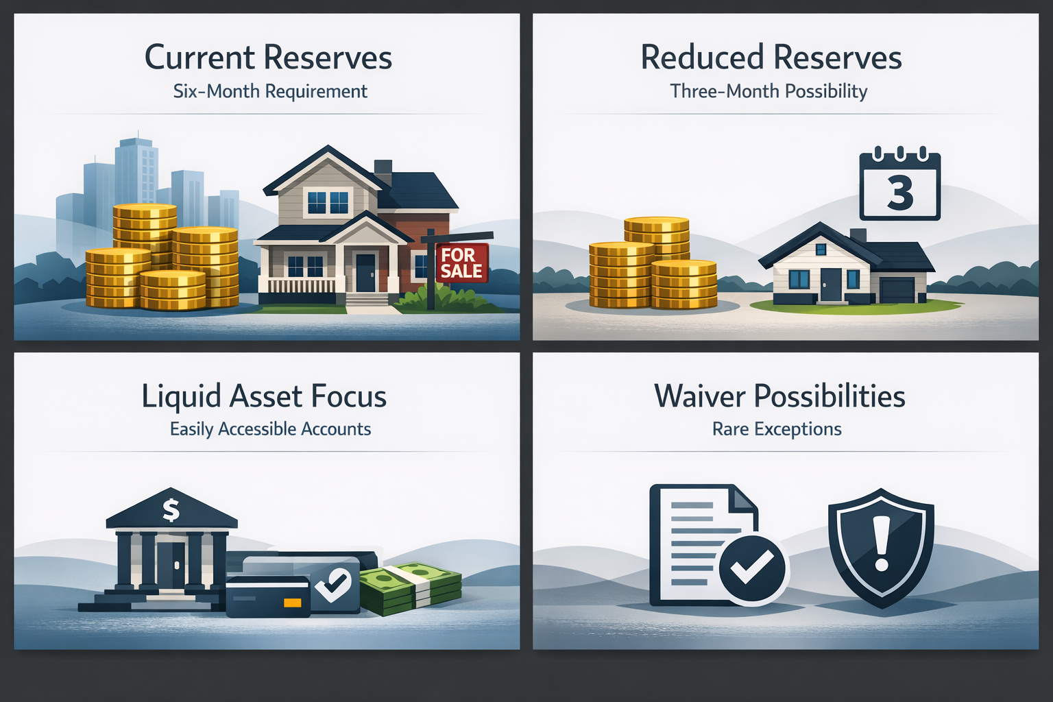 Infographic showing current DSCR reserve standards including six-month reserves, reduced requirements, liquid asset focus, and waiver possibilities.