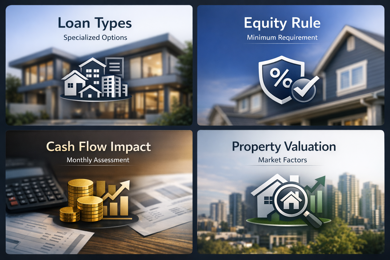 Infographic showing loan types, equity rules, cash flow impacts, and property valuation factors for refinancing strategies.
