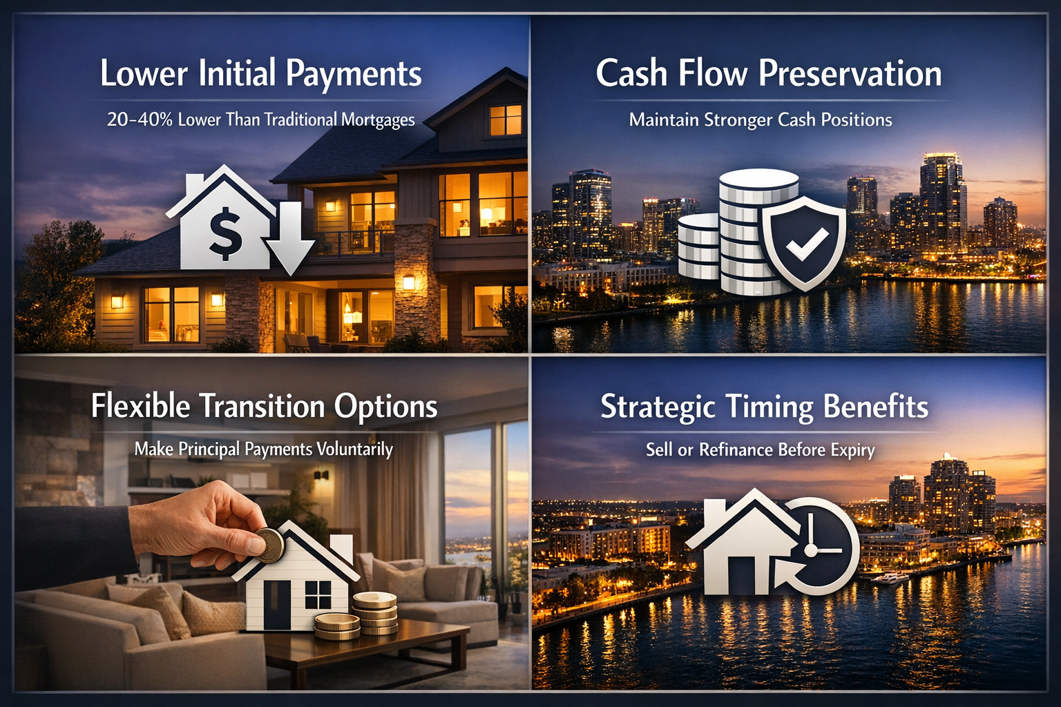 Infographic showing benefits of interest-only rental mortgage options including lower payments and cash flow preservation.