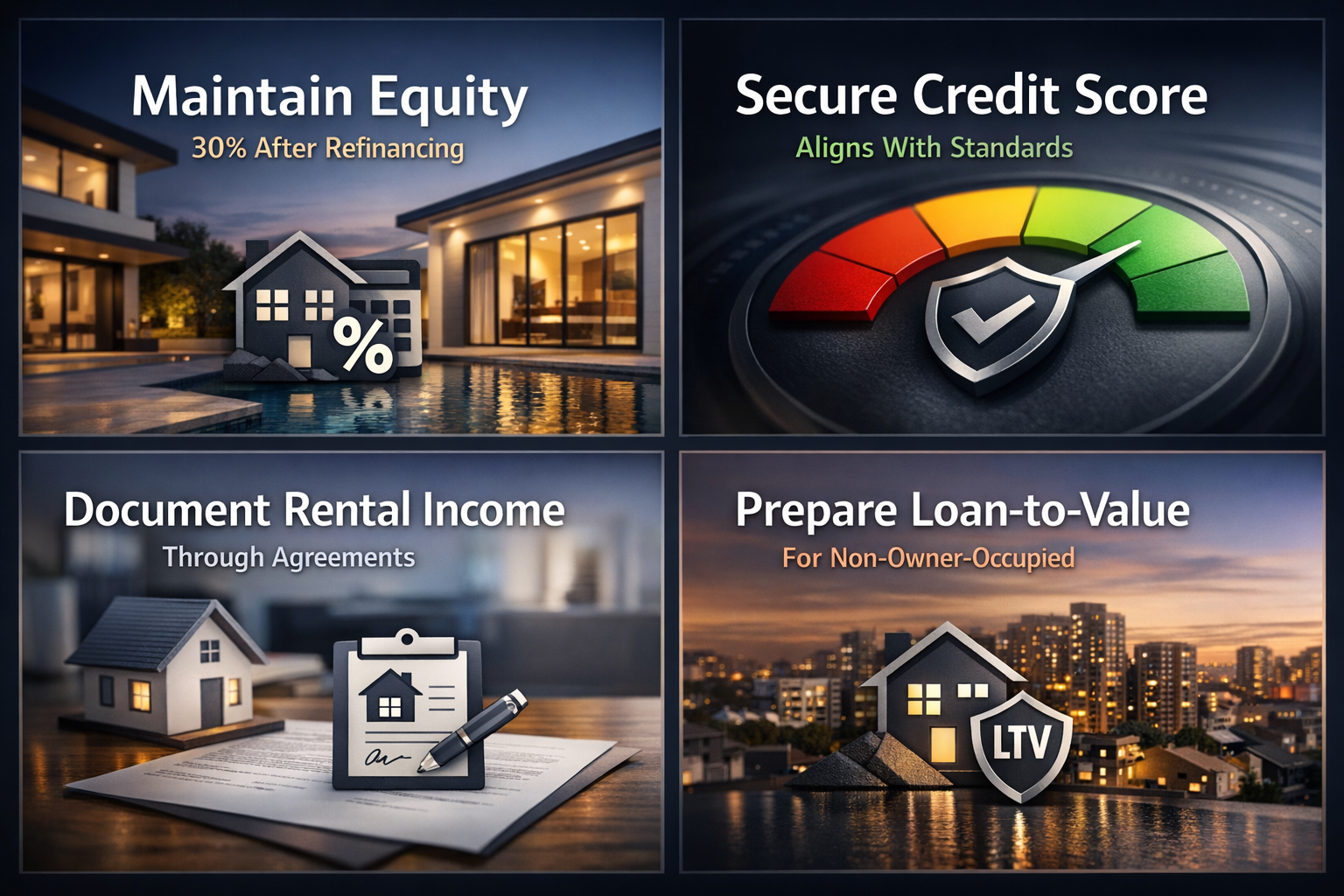 Essential requirements for refinancing rental properties include maintaining equity, securing credit scores, and documenting rental income.