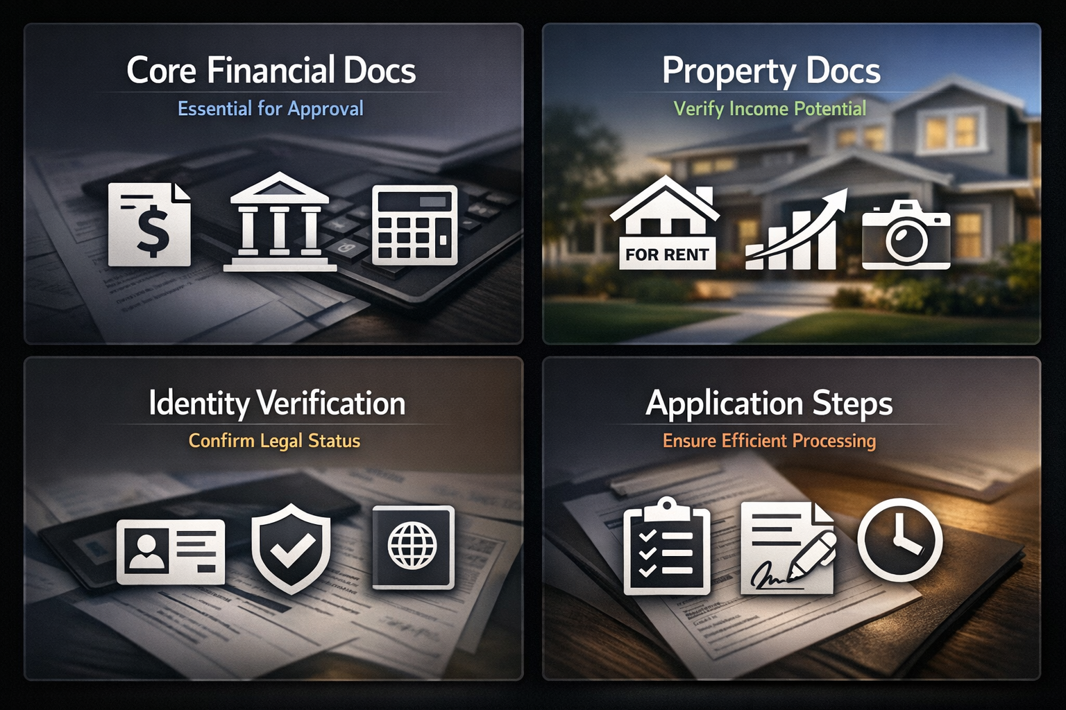 Infographic showing essential documentation for DSCR loans including financial, property, identity, and application steps.