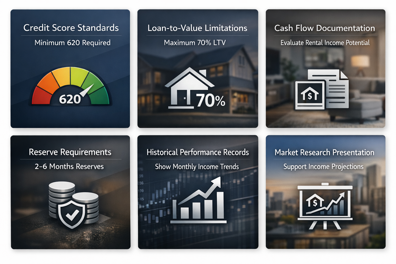 Infographic detailing DSCR loan requirements for seasonal rentals including credit score, LTV, cash flow, and reserve requirements.