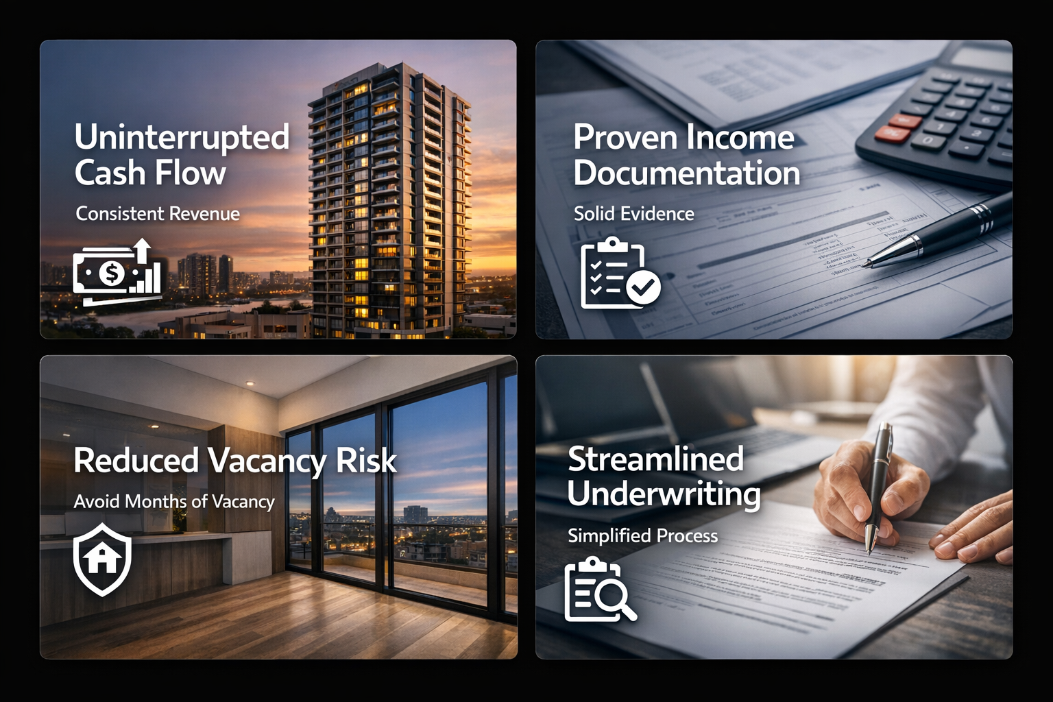 Infographic showing benefits of refinancing with existing tenants including cash flow, income documentation, vacancy risk, and underwriting.