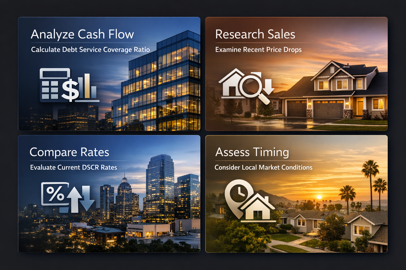 Steps for evaluating DSCR refinance opportunities including cash flow analysis, sales research, rate comparison, and timing assessment.