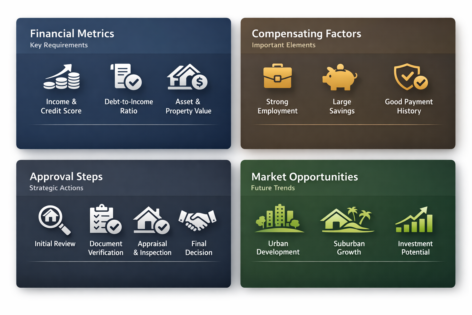Infographic showing financial metrics, compensating factors, approval steps, and market opportunities for DSCR loans.