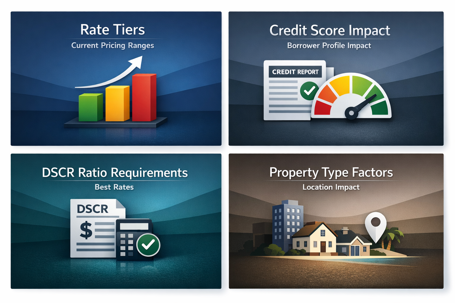 Infographic showing DSCR loan rate tiers, credit score impact, DSCR ratio requirements, and property type factors.
