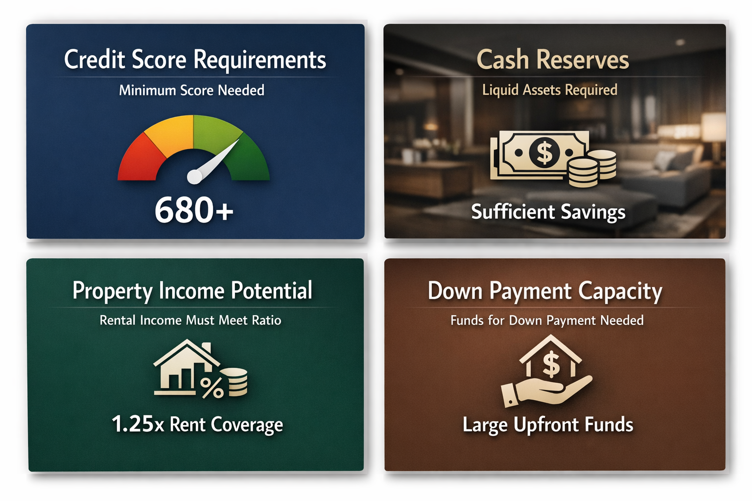 Key approval criteria for DSCR loans including credit score, cash reserves, property income potential, and down payment capacity.