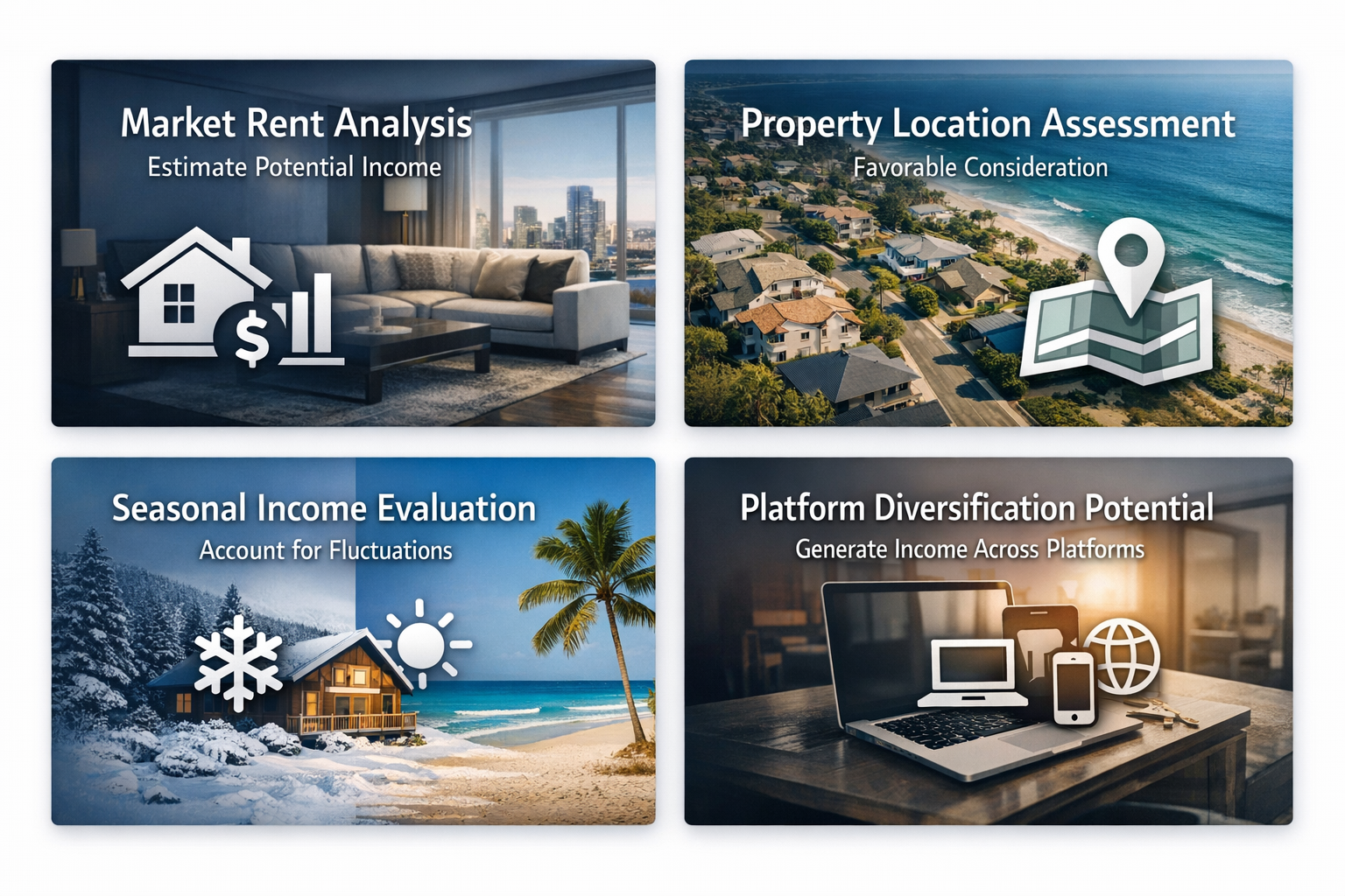 Infographic showing market rent analysis, property location assessment, seasonal income evaluation, and platform diversification potential.
