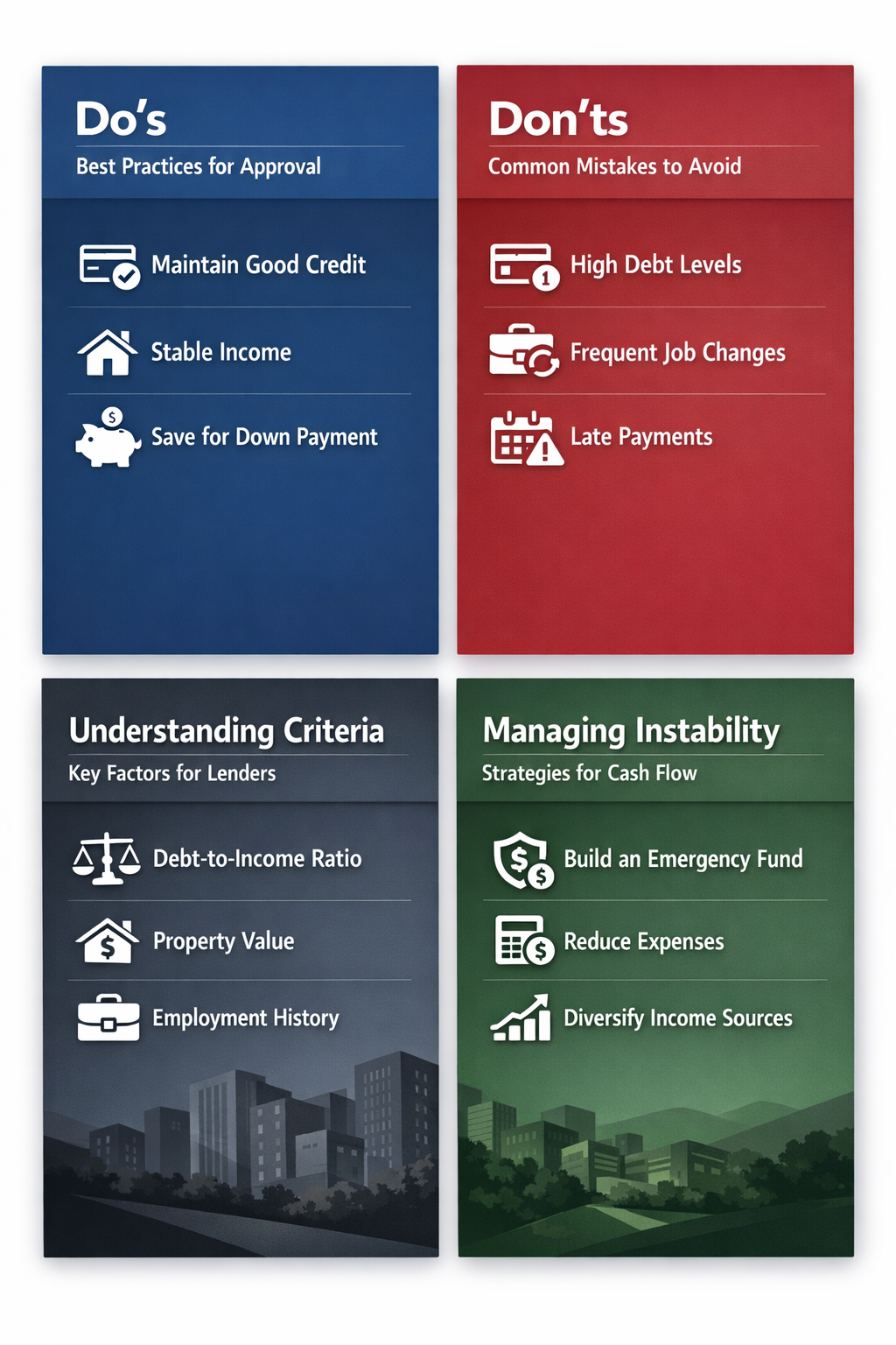 Infographic showing do's and don'ts for DSCR loan success, lender criteria, and strategies for managing income instability.