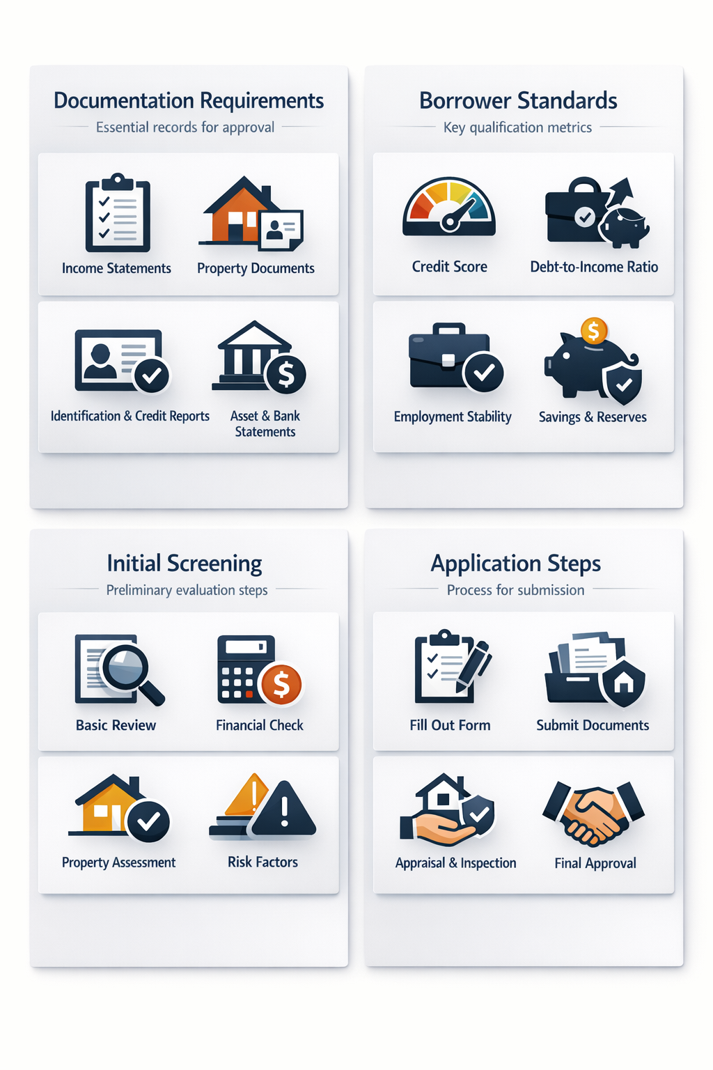 Visual guide on essential documentation, borrower standards, screening, and application steps for DSCR loan pre approval.