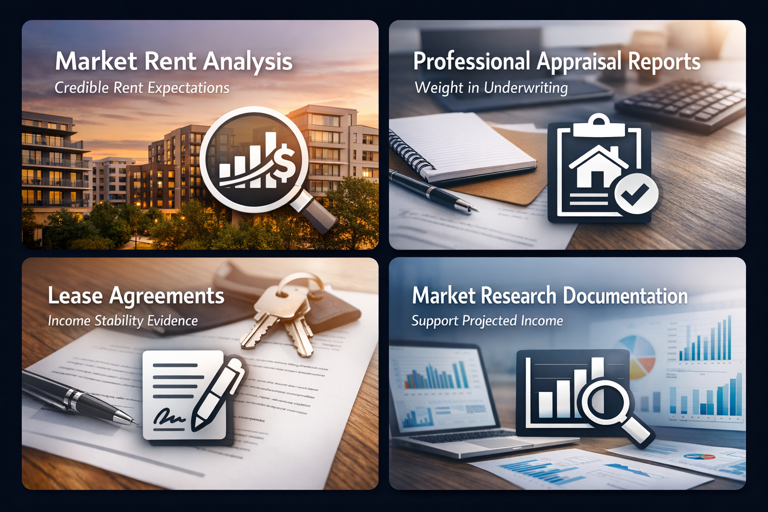 Infographic showing essential requirements for rent projection documentation including market rent analysis and appraisal reports.