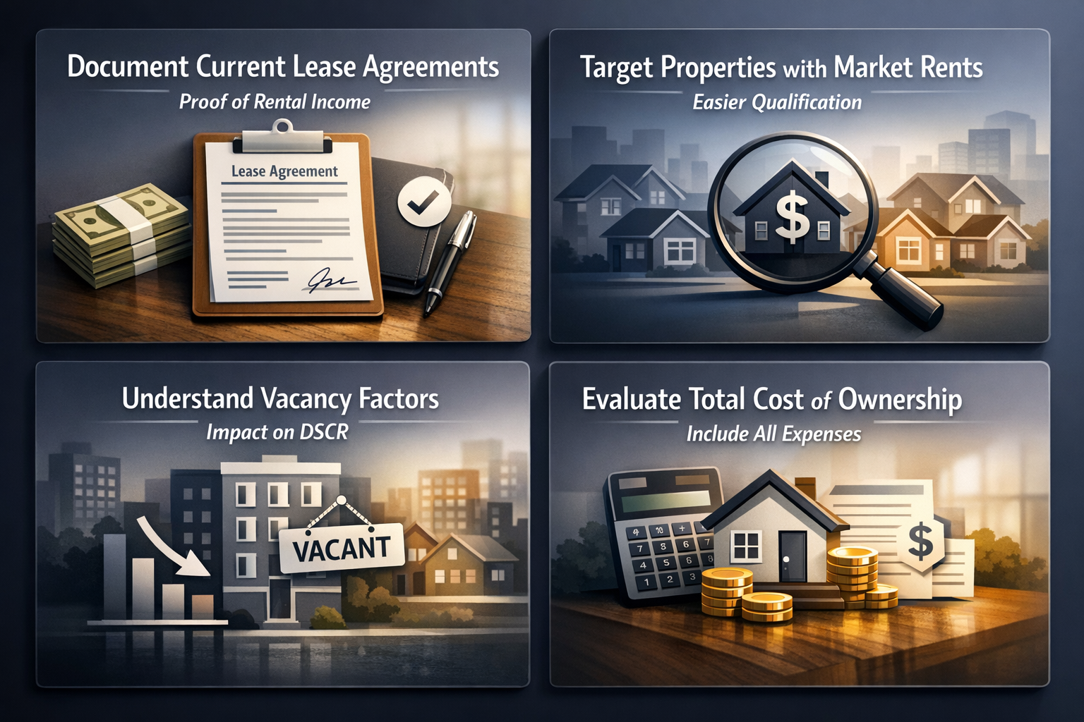 Infographic showing tips for qualifying with strong rental income for DSCR loans, including lease documentation and market rents.