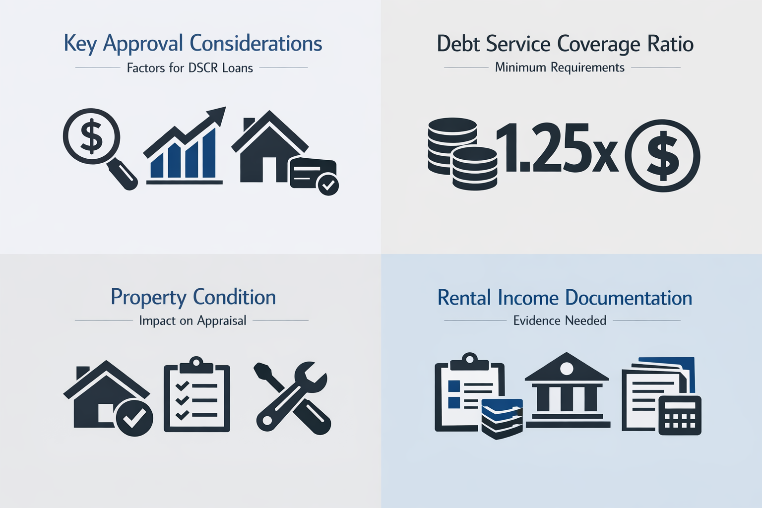 Key approval considerations for DSCR loans including debt service coverage ratio, property condition, and rental income documentation.