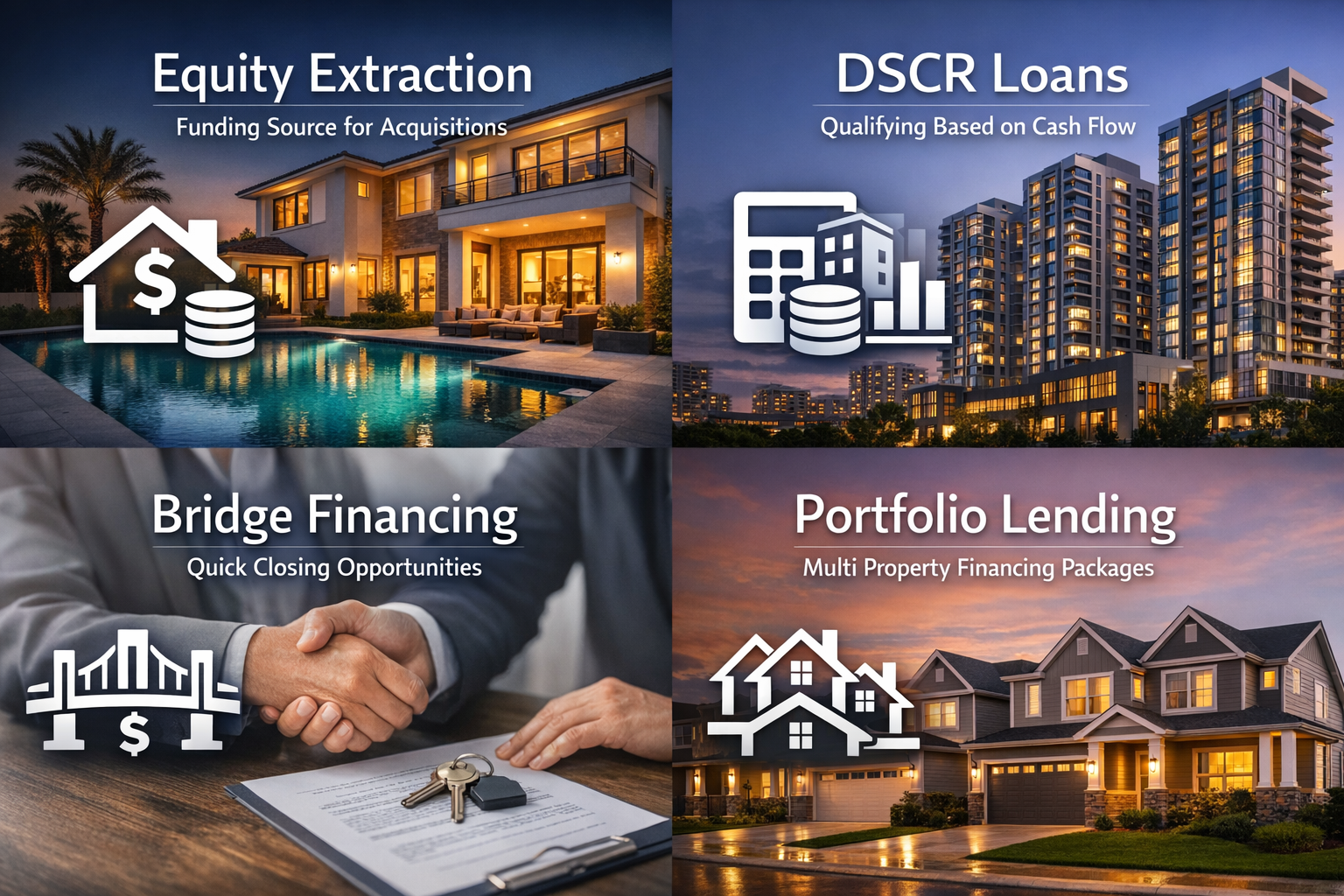 Infographic on strategic financing for rental property growth with equity extraction, DSCR loans, bridge financing, and portfolio lending.