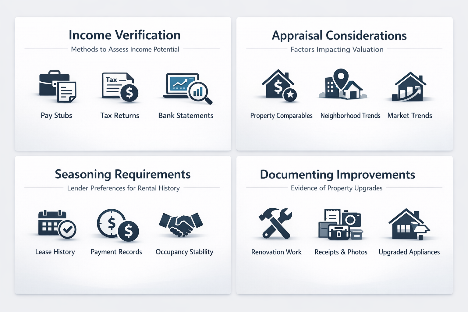 Infographic showing income verification methods, appraisal considerations, seasoning requirements, and documenting improvements for DSCR loans.