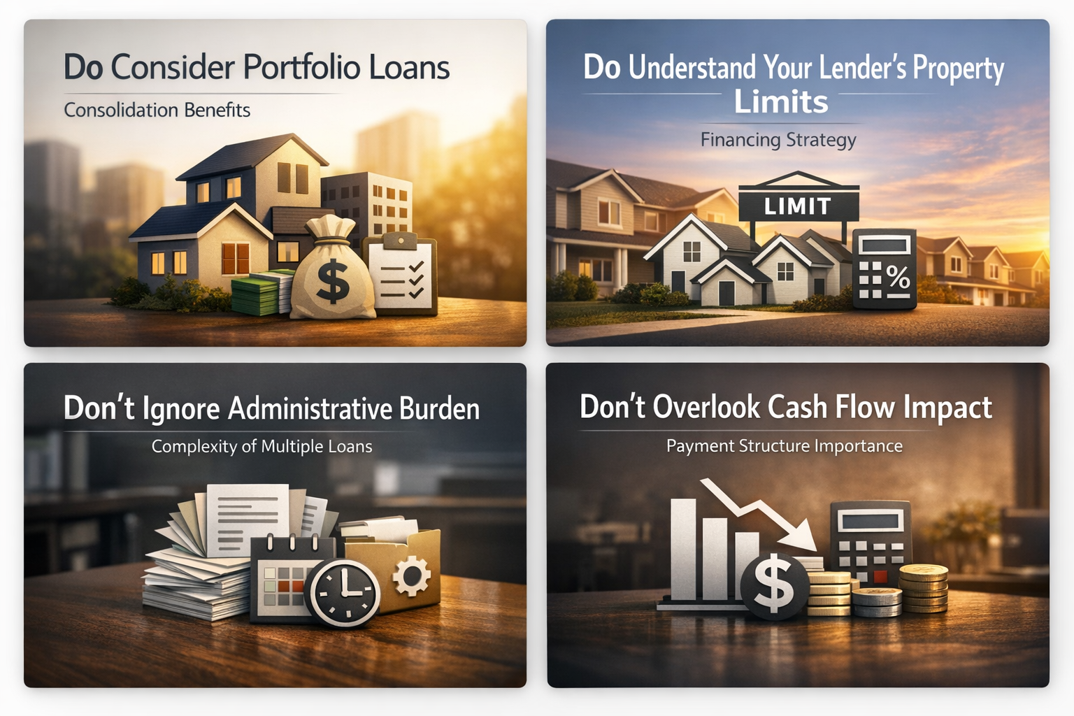 Infographic showing do's and don'ts for structuring financing for rental properties, including portfolio loans and cash flow impacts.