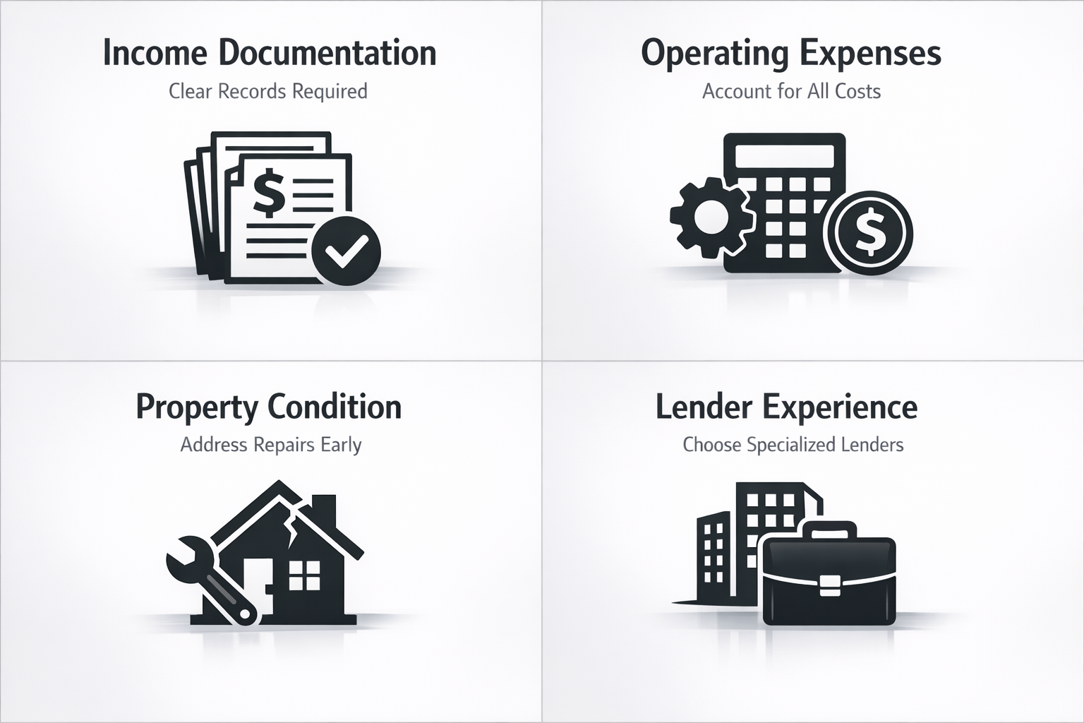 Visualizing common pitfalls in financing properties with multiple buildings, including income documentation and lender experience.