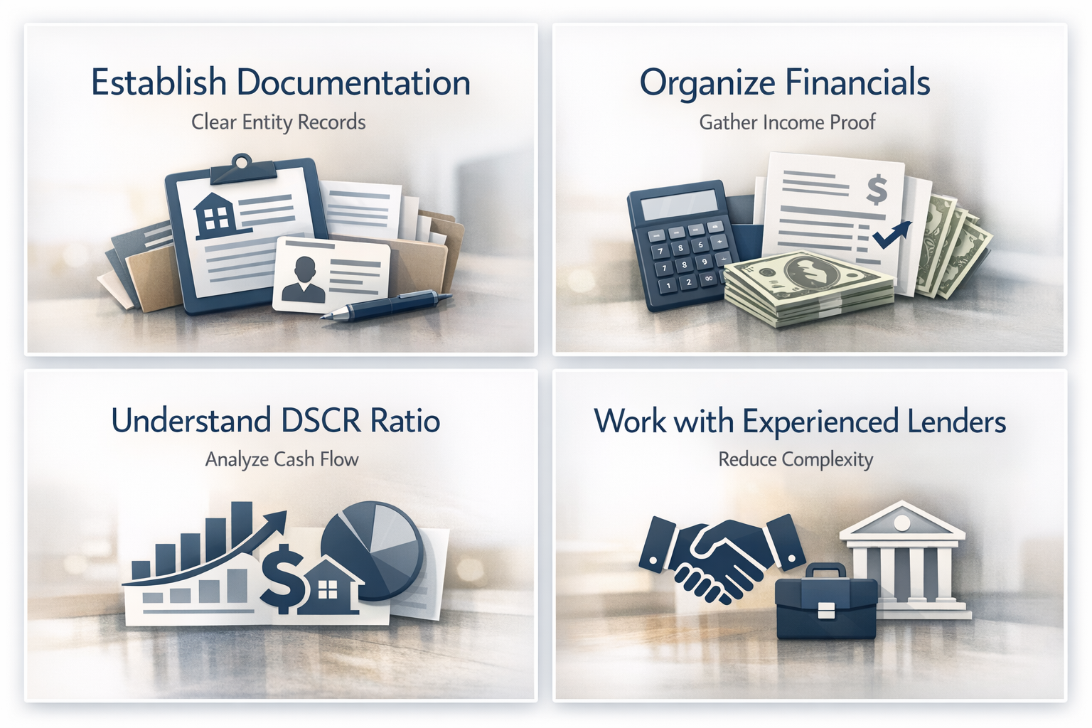 Infographic showing best practices for DSCR loans including documentation, financial organization, DSCR understanding, and lender collaboration.