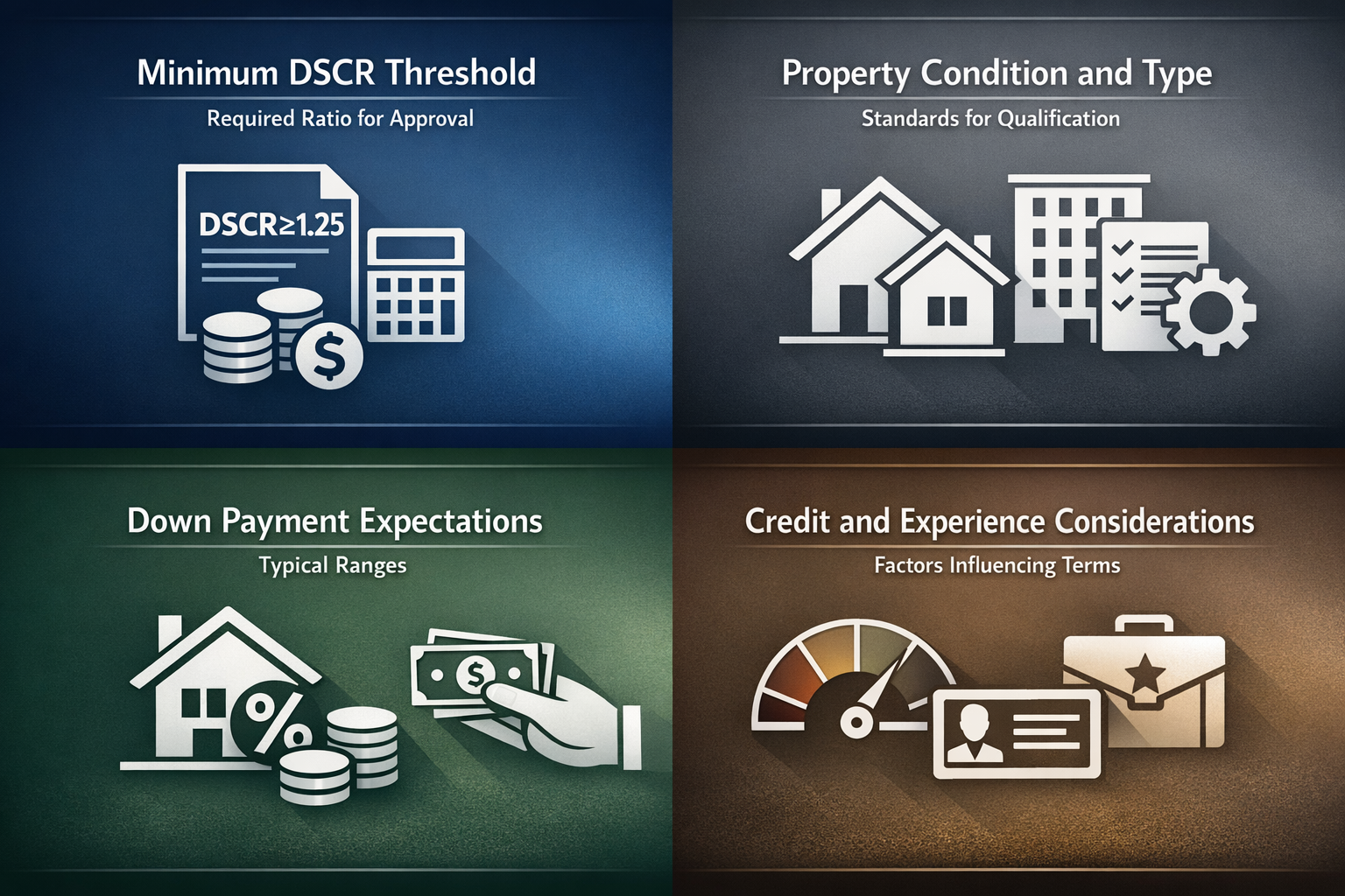 Infographic detailing common approval rules for DSCR loans including DSCR threshold, property condition, down payment, and credit factors.