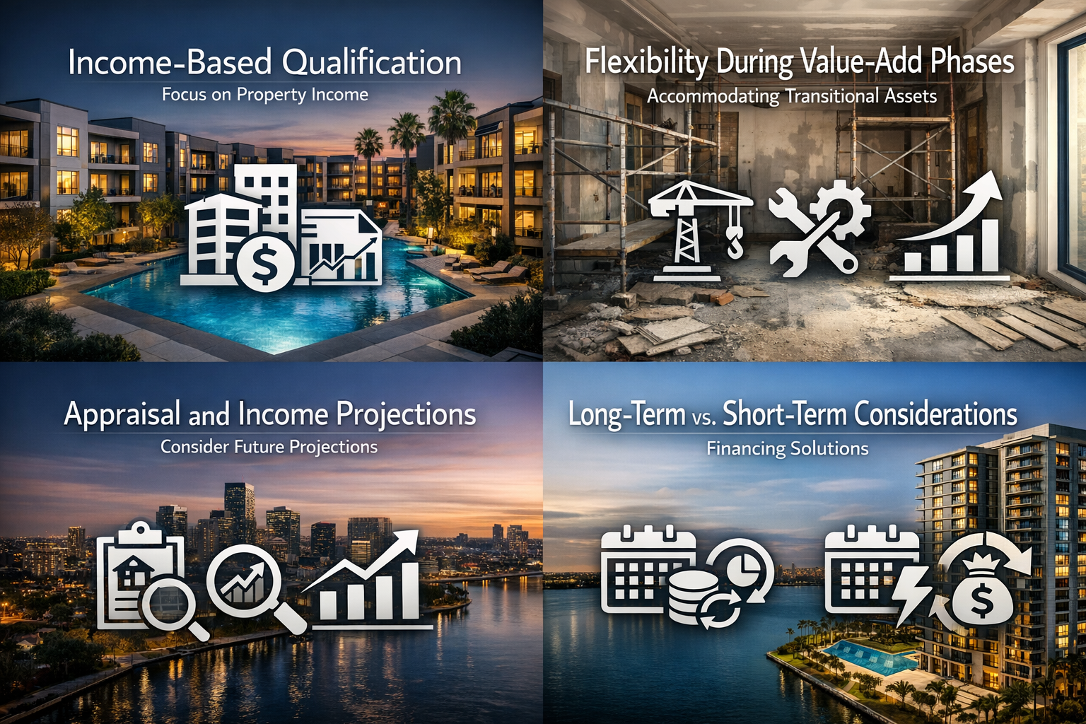 Infographic on DSCR loan mechanics for transitioning properties, covering income qualification, flexibility, appraisals, and financing considerations.
