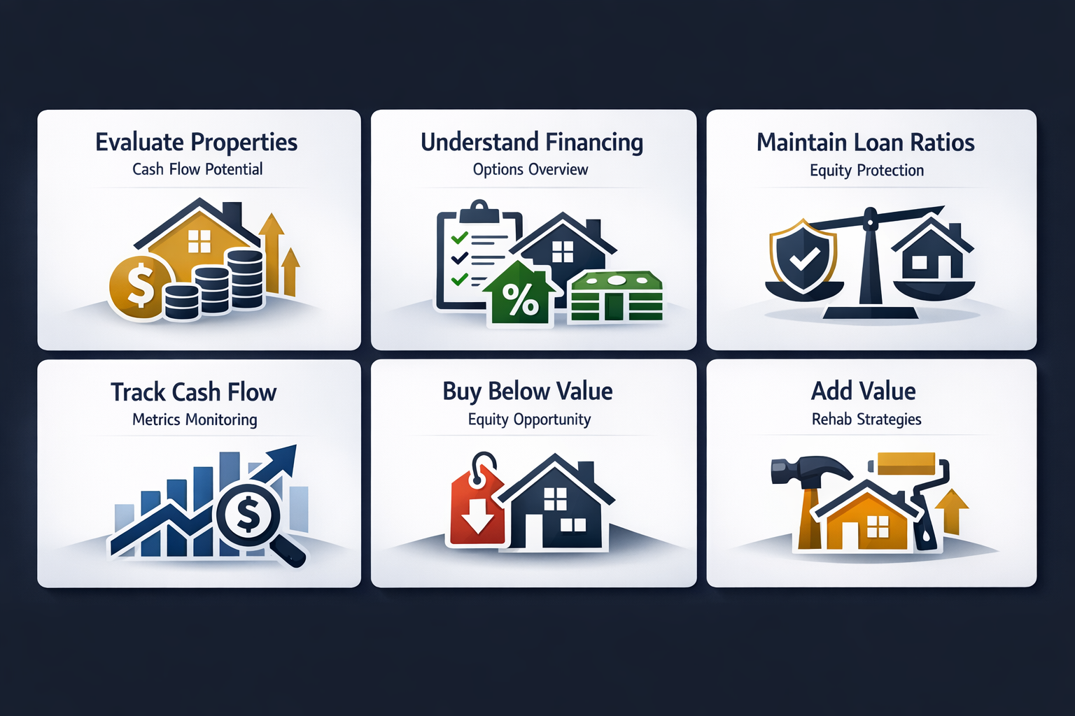 Infographic detailing steps for building a rental portfolio using leverage, including property evaluation and financing options.