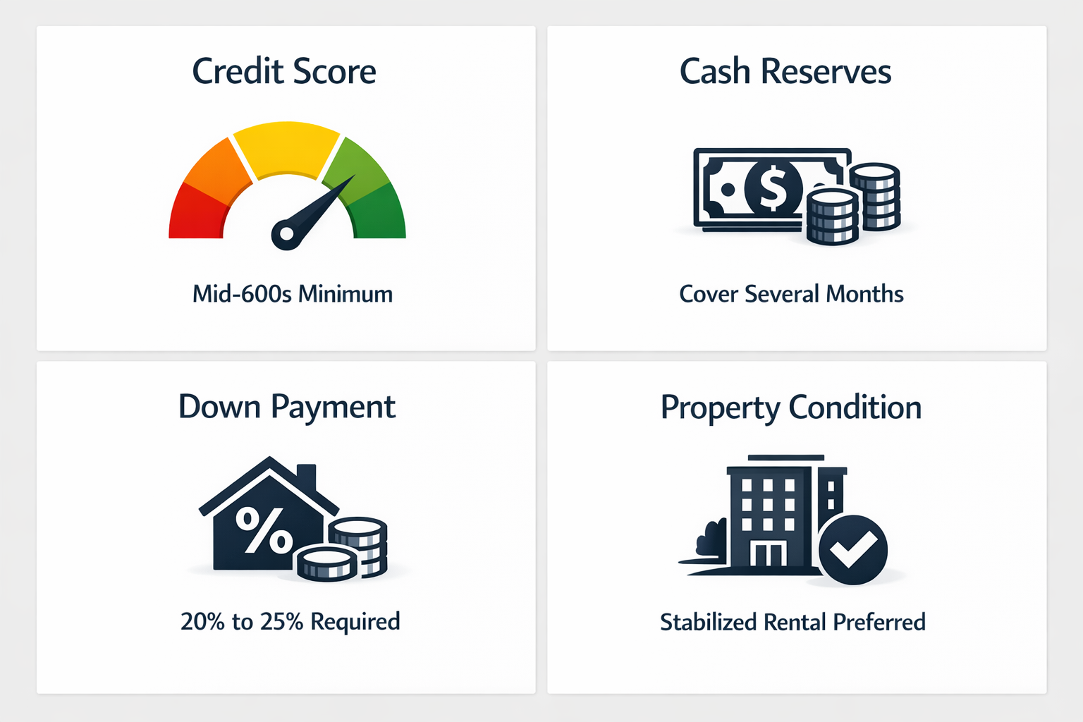 Essential qualification requirements for rental property loans without income, including credit score, cash reserves, down payment, and property condition.