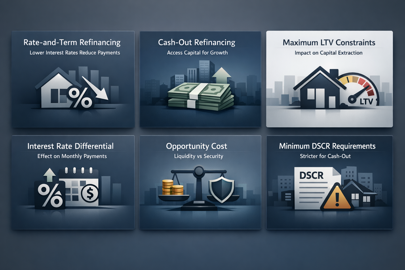 Comparison of refinancing strategies highlighting rate-and-term benefits and cash-out advantages for investors.