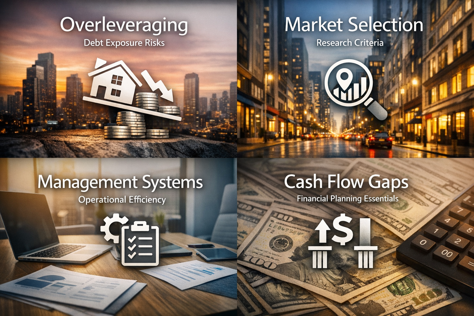 Infographic showing critical errors in scaling rental property portfolios, including overleveraging and market selection.